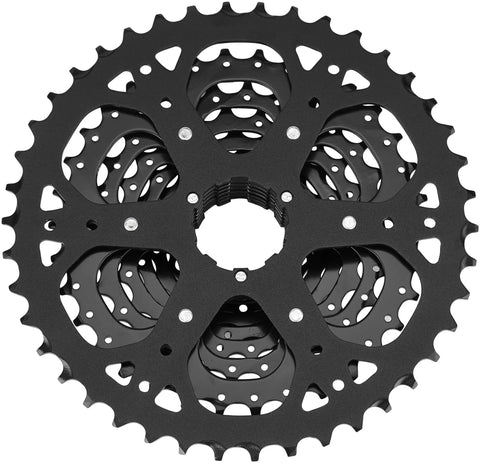 ADVENT 9-Speed Cassette 11-42T with ED coated alloy large cog and chromoly cogs, wide gear range for mountain bikes.