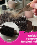 Universal Hair Removal Tool For Any Vacuum That Slashes Through Tangled Pet And Human Hair, used on round hairbrush.