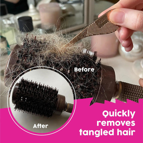 Universal Hair Removal Tool For Any Vacuum That Slashes Through Tangled Pet And Human Hair, used on round hairbrush.