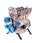 Premium Metal Inline Four Cylinder Engine Model Kit That Runs Sick And Tight Motorized Assembly with blue pulleys and detailed craftsmanship.