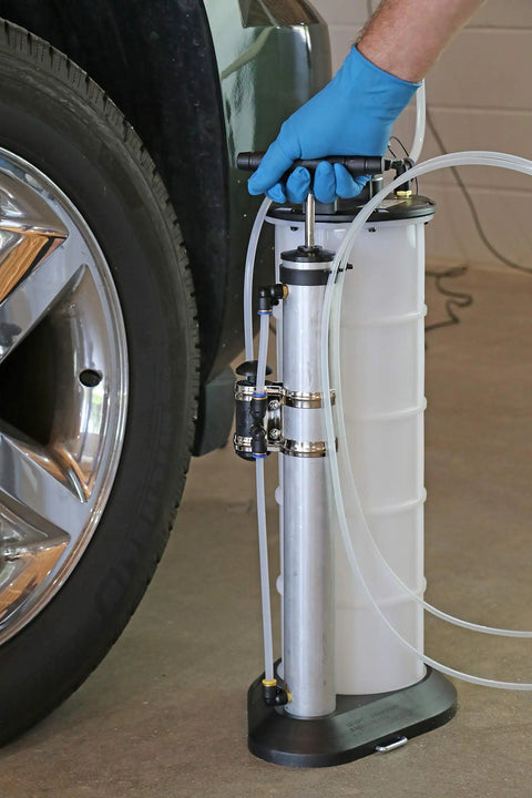 2.3 Gallon Fluid Evacuator And Dispensing Pump With Push Button Operation For Auto Maintenance And Shop Pros, Chemical Resistant Polyethylene, Automatic Overflow Prevention, Quick Drain Spout, Large Stable Base