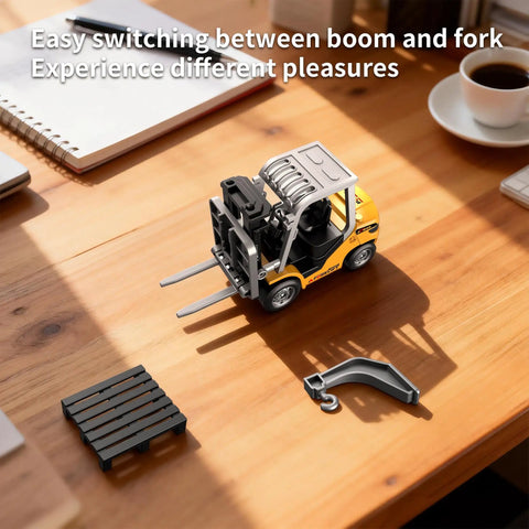 Mini One Sixty Fourth Scale RC Forklift Toy With 2 In 1 Transformable Lift Fork And Hook on a desk with accessories.