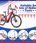 4th Of July Patriotic Bike Decorations Kit For Kids with tassels, streamers, flags on red bike featuring riding tools