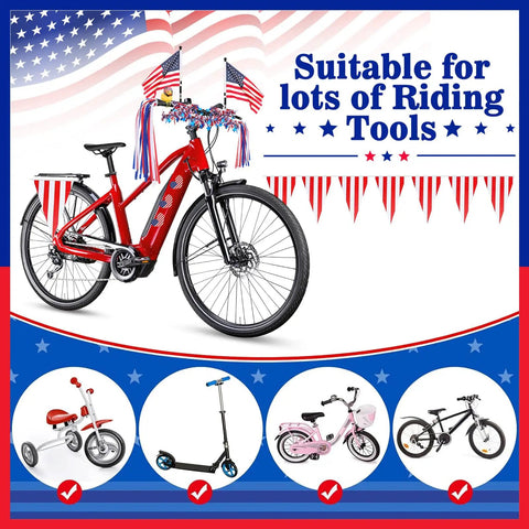 4th Of July Patriotic Bike Decorations Kit For Kids with tassels, streamers, flags on red bike featuring riding tools