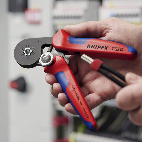 Person using self-adjusting crimping pliers for end sleeves and ferrules, hexagonal crimp for confined spaces up to 10 mm2