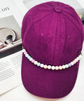 Detachable Pearl Hat Chains For Trucker Hats And Mesh Baseball Caps with colorful beads on a purple cap.