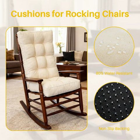 Thick Memory Foam Rocking Chair Cushions Set With Non Slip Ties For Indoor Outdoor Beige 22x17 Back Cushion And 17x17 Seat Cushions Boosting Comfort And Ergonomic Support For Comfy Contoured Relaxation on wooden rocking chair