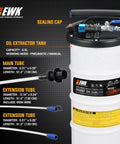 Front view: EWK 6.5L pneumatic/manual oil extractor with blue fittings and sealing cap; includes two extension tubes.
