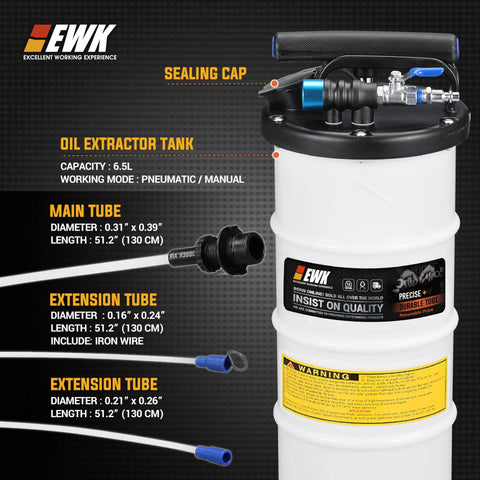 Front view: EWK 6.5L pneumatic/manual oil extractor with blue fittings and sealing cap; includes two extension tubes.