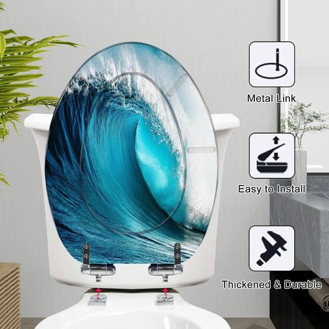 Generic Elongated Resin Toilet Seat for Bathroom with wave design, metal hinges, and easy installation features.