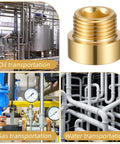 Four brass threaded fittings for oil, gas, and water transportation systems alongside industry piping diagrams.