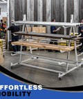 Smooth Rolling Cantilever Pipe Rack Cart With Five Tier Horizontal Lumber Storage Setup 1800 Pound Capacity Beast Mode in a workshop.