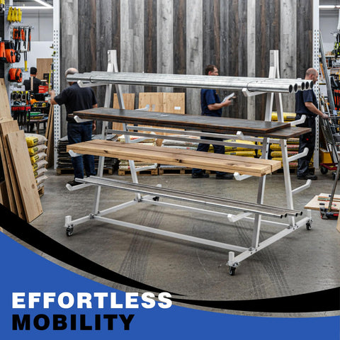 Smooth Rolling Cantilever Pipe Rack Cart With Five Tier Horizontal Lumber Storage Setup 1800 Pound Capacity Beast Mode in a workshop.