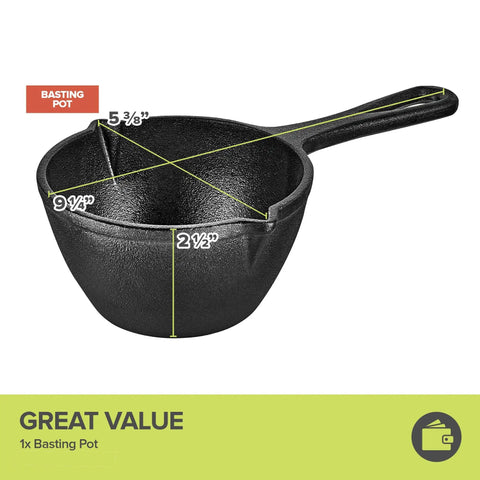 Cast Iron Mini Basting Pot For Grillin And Sauces Small Pre Seasoned Saucepan For Butter And Glazes with dimensions labeled