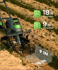 Powerful 1800W Corded Garden Tiller Cultivator with 18-Inch Wide Till, showing 9-Inch Depth in soil with steel tines visible