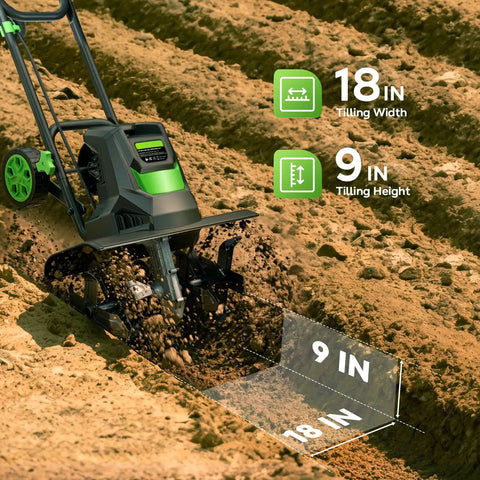 Powerful 1800W Corded Garden Tiller Cultivator with 18-Inch Wide Till, showing 9-Inch Depth in soil with steel tines visible