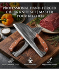 Hand Forged High Carbon Steel Chef Knife And Cleaver Set For Kitchen, BBQ And Camping with rust resistant stainless blades on wooden board.