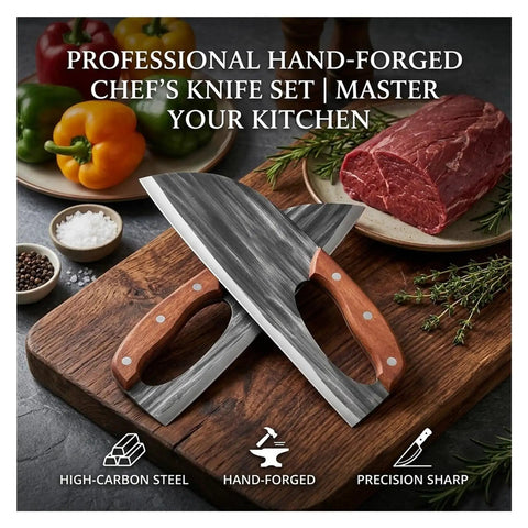 Hand Forged High Carbon Steel Chef Knife And Cleaver Set For Kitchen, BBQ And Camping with rust resistant stainless blades on wooden board.