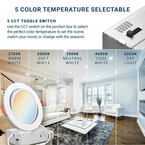 Sleek Dope 6 Inch LED Recessed Lights With J Box Gimbal Eyeball Canless Panel showing 5 color temperatures from 2700K to 5000K.