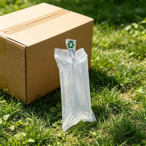 Inflatable Air Pillows for Shipping 200 Pack PE Film Cushion Bags to Prevent Movement and Scratching, Dope Storage Hack for High Volume Fulfillment Centers Packaging Supplies. Clear air pillow beside a sealed shipping box