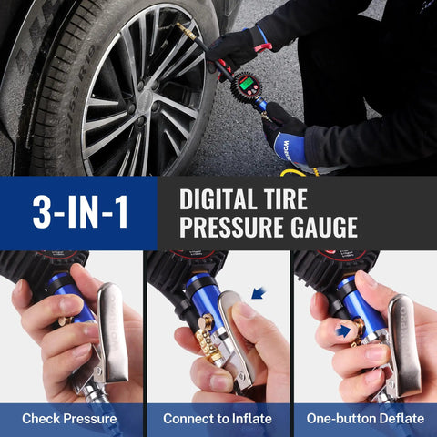 Using Digital Tire Pressure Gauge With Inflator Kit, 250 PSI, Pro Grade Heavy Duty Accessories on car wheel