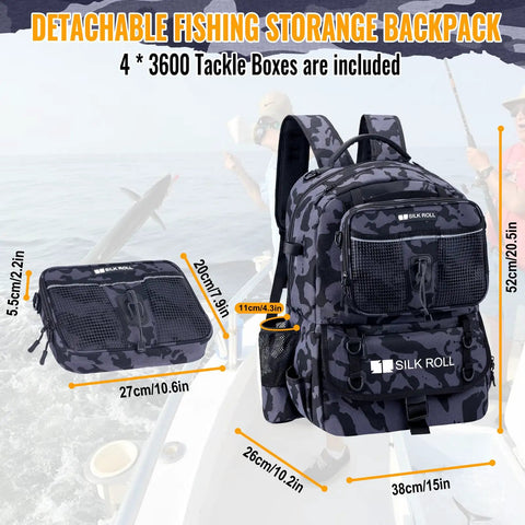 50L Fishing Tackle Backpack With Built In Rod Holder Water Resistant Outdoor Gear shown with tackle boxes and measurements.
