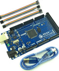 Arduino Mega 2560 R3 Compatible Board Kit with ATmega2560 and ATmega16U2, 1000mA USB cable, 30 Dupont wires, shown in package.