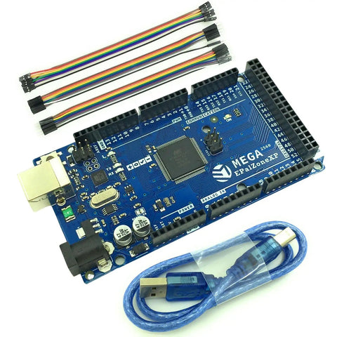 Arduino Mega 2560 R3 Compatible Board Kit with ATmega2560 and ATmega16U2, 1000mA USB cable, 30 Dupont wires, shown in package.