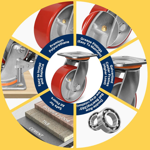 ZDNEY heavy-duty caster wheels, 5x2 in, set of 4 with polyurethane wheels and cast-iron hubs on swivel plates