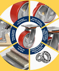 Rock Solid Heavy Duty Caster Wheels With Tough Polyurethane Treads And Rustproof Cast Iron Cores For Platform Dollies And Military Gear 4000 Lb Rating Two Brake Two Swivel with grease fittings and dual ball bearings.