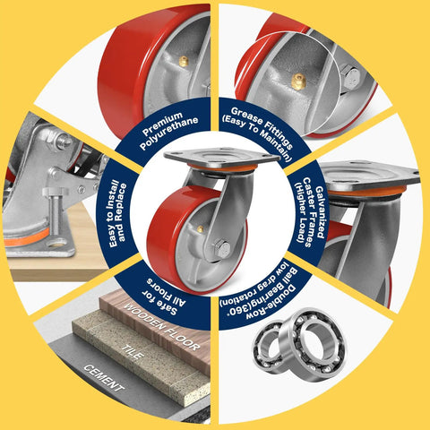 Rock Solid Heavy Duty Caster Wheels With Tough Polyurethane Treads And Rustproof Cast Iron Cores For Platform Dollies And Military Gear 4000 Lb Rating Two Brake Two Swivel with grease fittings and dual ball bearings.