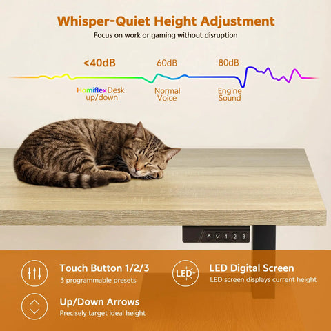 Cat resting on Workhorse L Shaped Standing Desk With Drawers And Cabinet Electric Height Adjustable Corner Desk during quiet adjustment