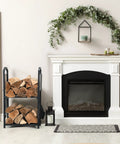 Two Tier Firewood Rack for Indoor Outdoor Use with Fireplace Tools Set Including Brush Shovel Poker Tongs Waterproof Steel Log Holder in Black Wrought Iron Look Easy Organization by the Hearth 17x12x29 next to white fireplace