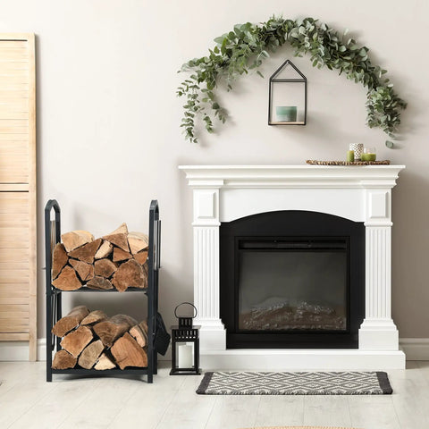 Two Tier Firewood Rack for Indoor Outdoor Use with Fireplace Tools Set Including Brush Shovel Poker Tongs Waterproof Steel Log Holder in Black Wrought Iron Look Easy Organization by the Hearth 17x12x29 next to white fireplace