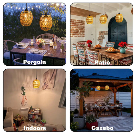 2 Pack Battery Operated Handwoven Natural Rattan Chandeliers Egg Shaped Boho Pendant Lights Waterproof Outdoor Indoor Gazebo Patio Decor Rad Design Hella Stylish in dining areas, pergola, and indoor settings.