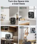 20 Inch Box Fan With 3 Speeds displayed in various rooms like storehouse, kitchen, motorhome, gymnasium, showing versatile use for airflow.
