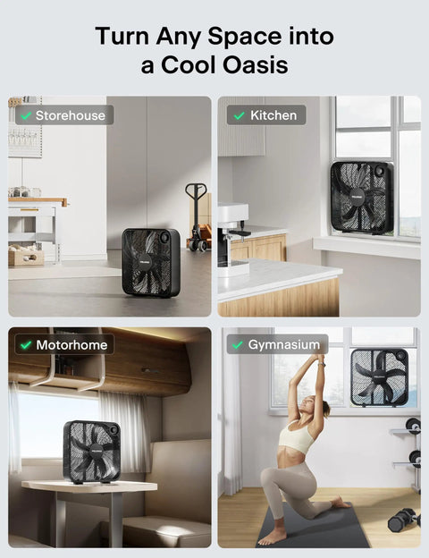 20 Inch Box Fan With 3 Speeds displayed in various rooms like storehouse, kitchen, motorhome, gymnasium, showing versatile use for airflow.