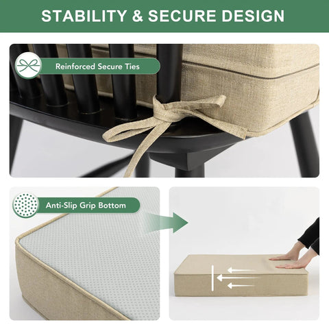 Close-up of 4 Pack Outdoor Chair Cushions Faux Linen For Patio Furniture With Deep Seat Cushions And Plush Backrest Cozy Support Water Resistant Ties And Removable Covers Non Slip Bottom 24 By 24 Inch Nature showing secure ties and non-slip bottom.
