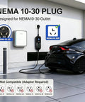 Portable Level 2 EV Charger With 30 Amp Power And 25 Foot Cord connected to NEMA 10-30 outlet beside a sleek black car.