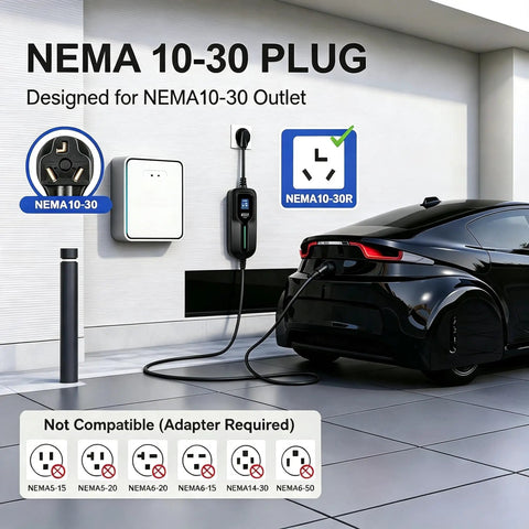 Portable Level 2 EV Charger With 30 Amp Power And 25 Foot Cord connected to NEMA 10-30 outlet beside a sleek black car.