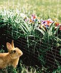 Heavy Duty Galvanized Welded Mesh Fence Roll with rabbit and garden flowers in background, ideal for small animal containment.