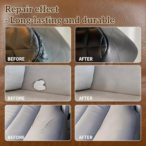 Before and after results using Leather Repair Kit For Vinyl And Leather Quick Drying Filler With Easy Color Matching For Tan Walnut Chocolate And More Fix Scratches Tears And Pet Damage On Furniture Car Seats And Jackets For A Smooth Seamless Finish