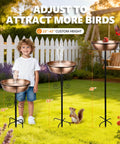 Tall 43 Inch Metal Bird Bath With 3 Inch Deep Basin And 12 Inch Diameter No Fuss Adjustable Height To 43 Inches Removable Water Bowl For Outdoor Garden Yard Decor Stable Stake 1.4 Gallon Capacity in garden setting with height adjustment display, squirrel and child nearby.