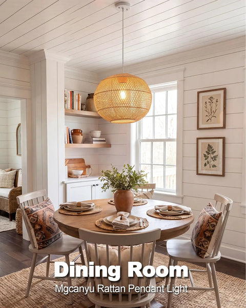 Mgcanyu 16in Rattan Pendant Light, Boho Wicker Hanging Lamp for Dining Room illuminating a round wooden table.