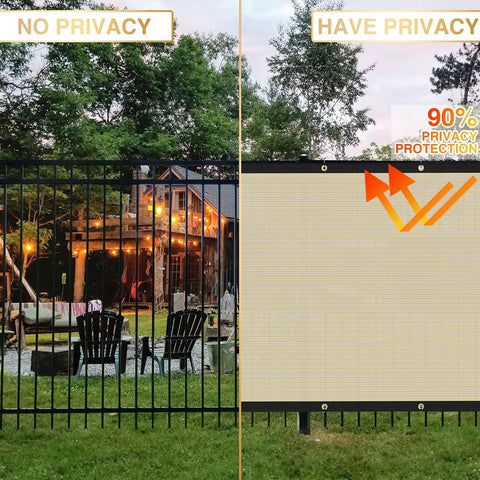 Comparison of metal fence without and with Privacy Fence Screen 4 Ft By 50 Ft Heavy Duty Windscreen Cover Mesh for Outdoor Garden Patio Beige 175GSM.