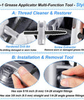 4-in-1 grease applicator tool showing drill bit, screw extractor for thread cleaning, and installation with hex sizes 5/16 and 3/8 inch.