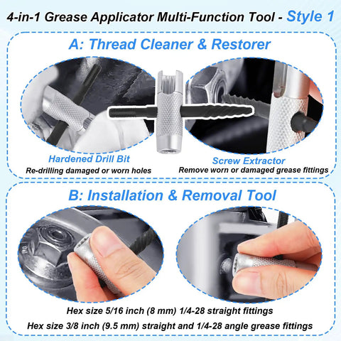 4-in-1 grease applicator tool showing drill bit, screw extractor for thread cleaning, and installation with hex sizes 5/16 and 3/8 inch.