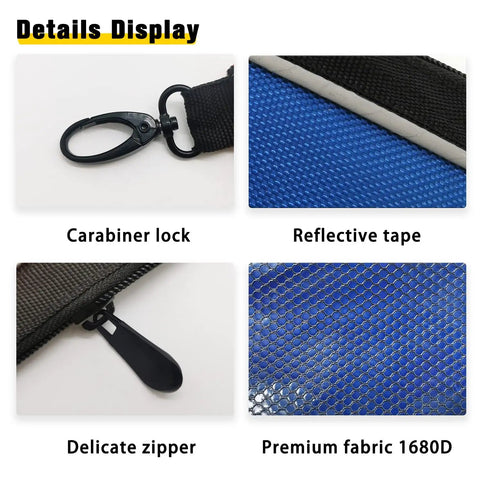 Premium Small Tool Pouches With Zipper Waterproof 1680D Pouch Bags details with carabiner, reflective tape, zipper, fabric