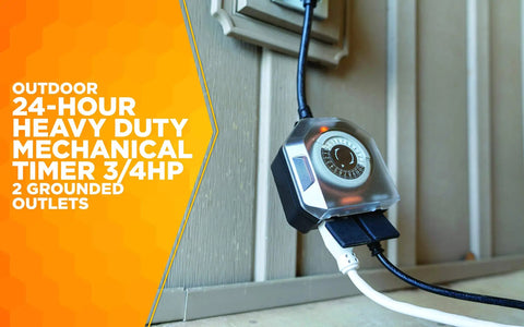 Heavy Duty Outdoor Mechanical Timer With Dual Grounded Outlets Fully Weatherproof Dial Design, close-up view of installation.