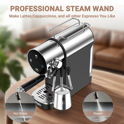 Level Up Your Daily Grind With This 20 Bar Semi Automatic Espresso Machine Featuring A Responsive Touch Panel And Powerful 1350W Steam Wand. Professional steam wand for lattes and cappuccinos.